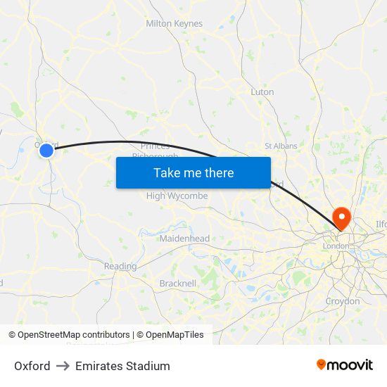 Oxford to Emirates Stadium map