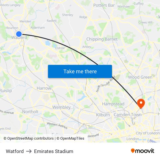 Watford to Emirates Stadium map