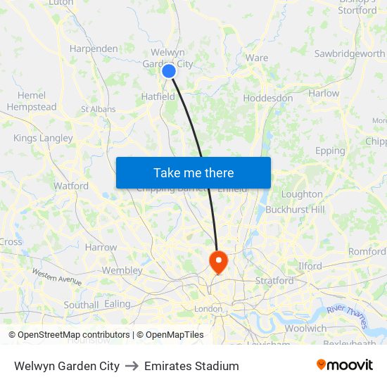 Welwyn Garden City to Emirates Stadium map