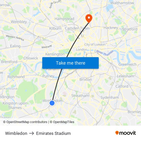 Wimbledon to Emirates Stadium map