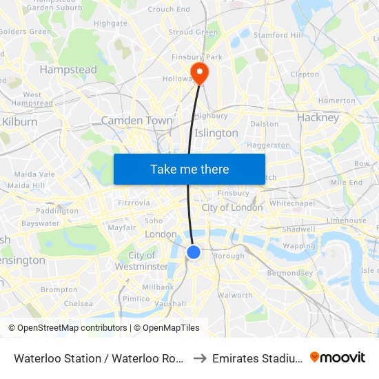 Waterloo Station / Waterloo Road to Emirates Stadium map
