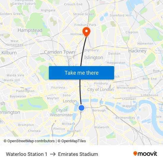 Waterloo Station 1, Waterloo to Emirates Stadium map