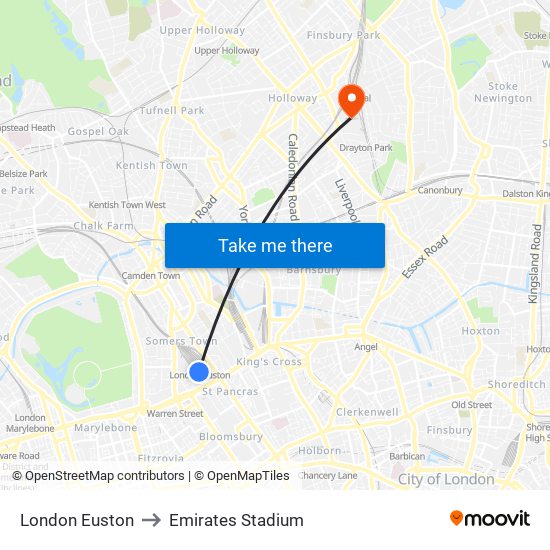 London Euston to Emirates Stadium map