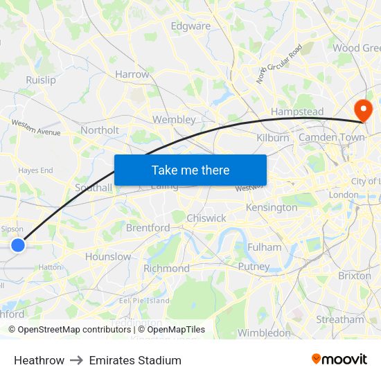 Heathrow to Emirates Stadium map