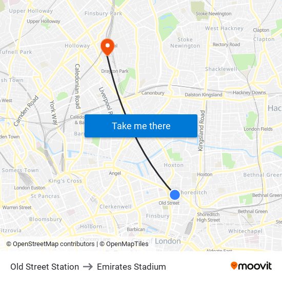 Old Street Station to Emirates Stadium map