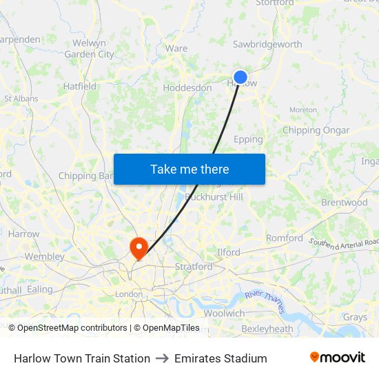 Harlow Town Train Station to Emirates Stadium map