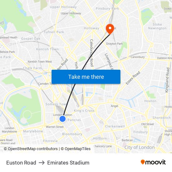 Euston Road to Emirates Stadium map