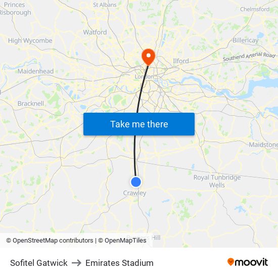 Sofitel Gatwick to Emirates Stadium map