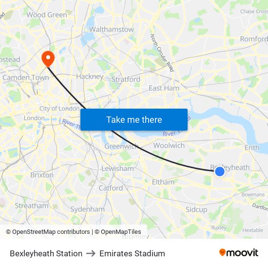 Bexleyheath Station to Emirates Stadium map
