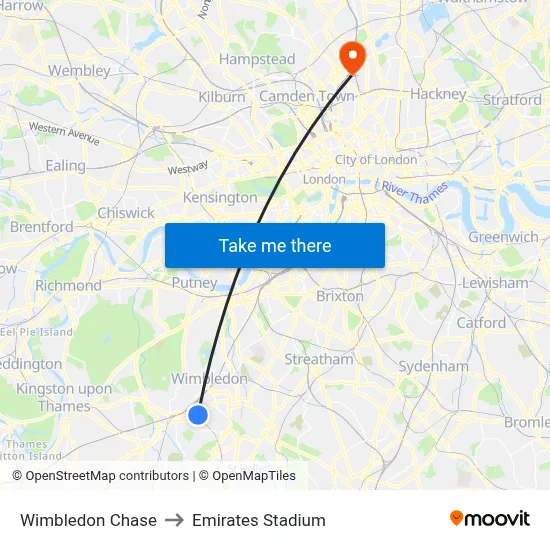 Wimbledon Chase to Emirates Stadium map
