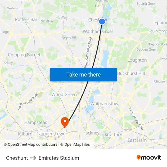 Cheshunt to Emirates Stadium map