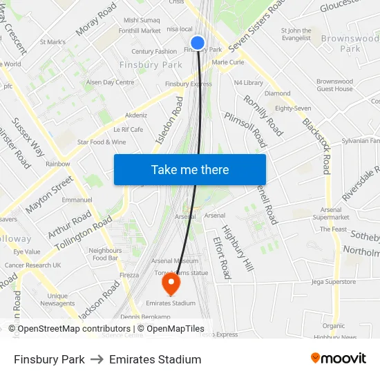 Finsbury Park to Emirates Stadium map