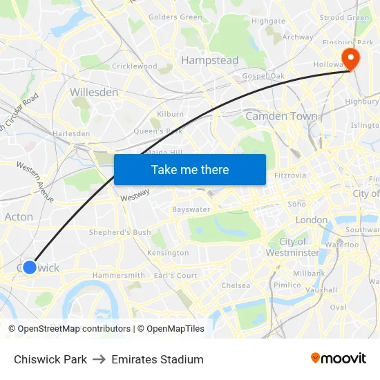 Chiswick Park to Emirates Stadium map