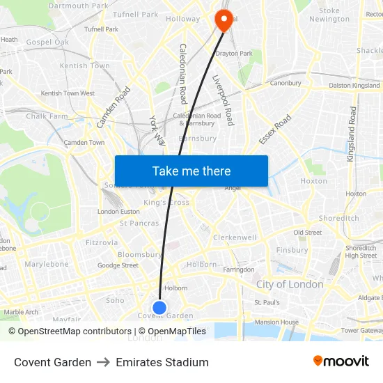 Covent Garden to Emirates Stadium map