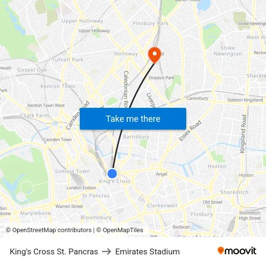 King's Cross St. Pancras to Emirates Stadium map