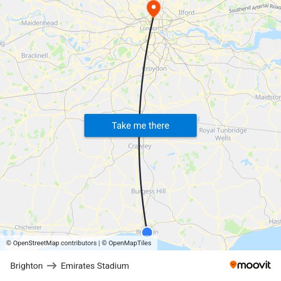 Brighton to Emirates Stadium map