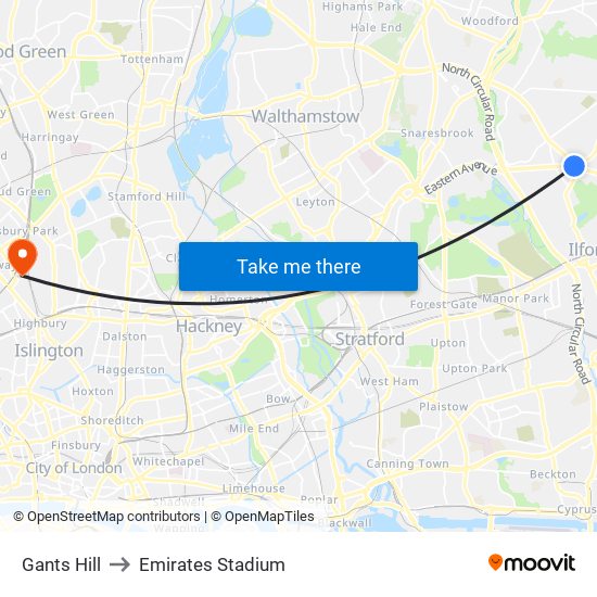 Gants Hill to Emirates Stadium map