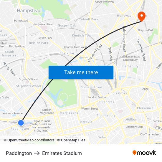 Paddington to Emirates Stadium map