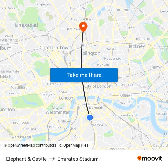 Elephant & Castle to Emirates Stadium map