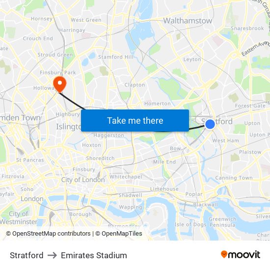 Stratford to Emirates Stadium map