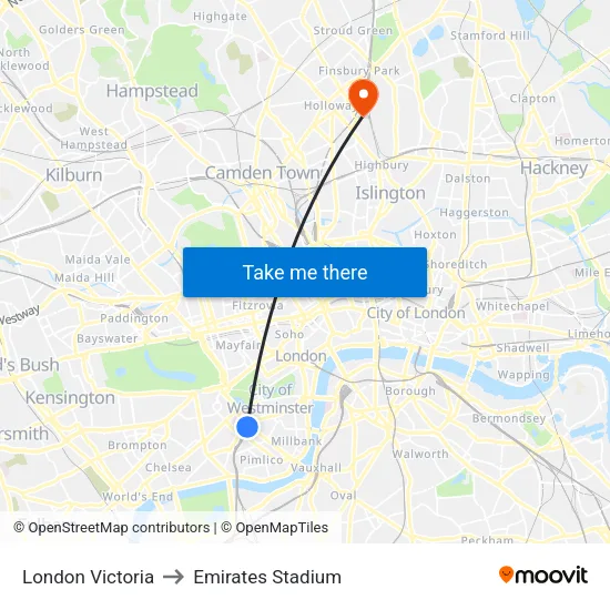 London Victoria to Emirates Stadium map