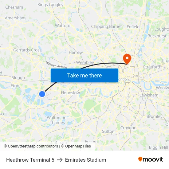 Heathrow Terminal 5 to Emirates Stadium map