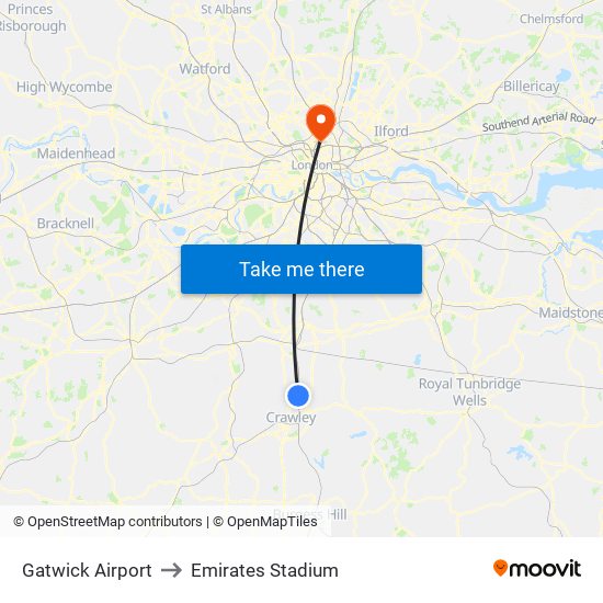 Gatwick Airport to Emirates Stadium map