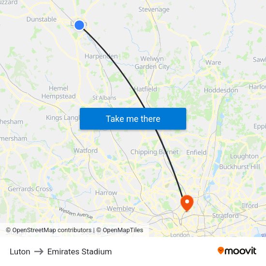 Luton to Emirates Stadium map