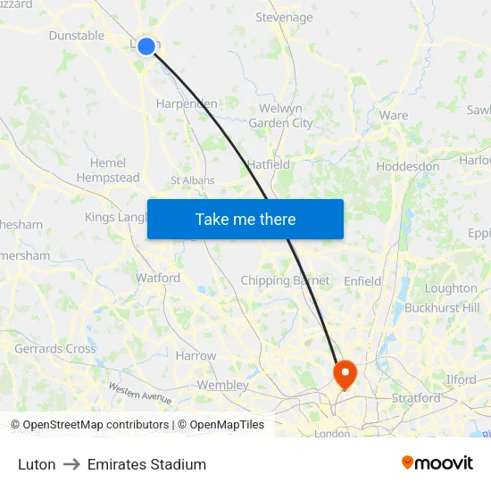 Luton to Emirates Stadium map