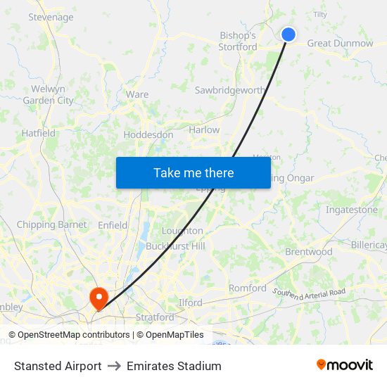 Stansted Airport to Emirates Stadium map
