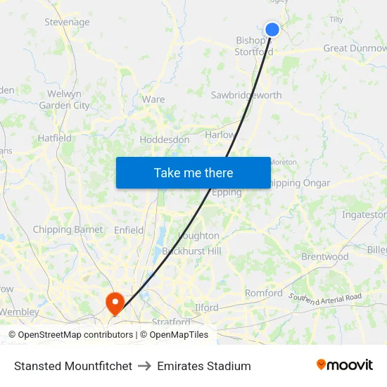 Stansted Mountfitchet to Emirates Stadium map