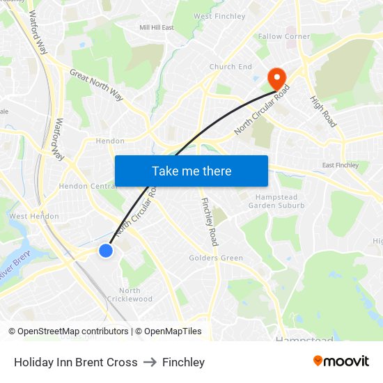 Holiday Inn Brent Cross to Finchley map