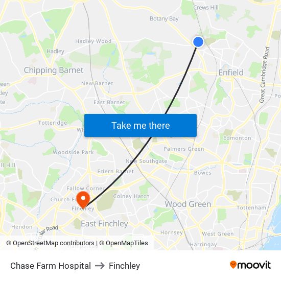 Chase Farm Hospital to Finchley map