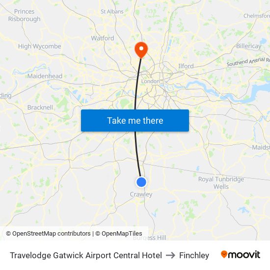 Travelodge Gatwick Airport Central Hotel to Finchley map