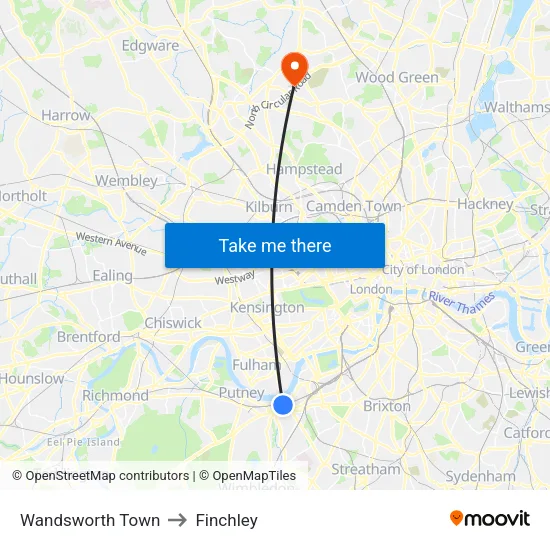 Wandsworth Town to Finchley map