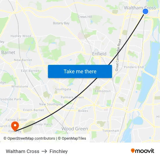Waltham Cross to Finchley map