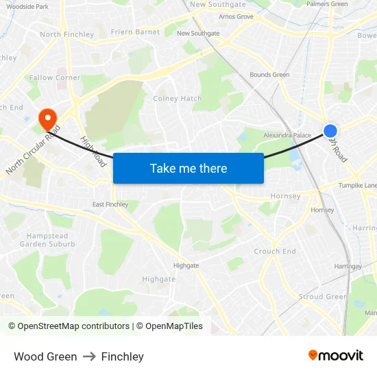 Wood Green to Finchley map