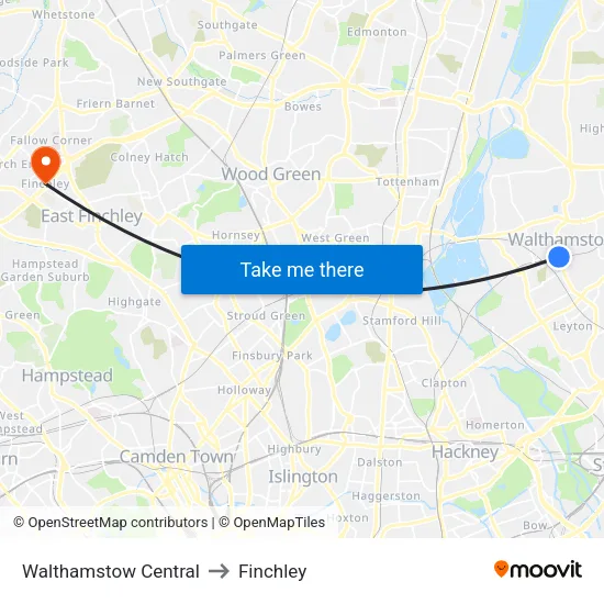 Walthamstow Central to Finchley map