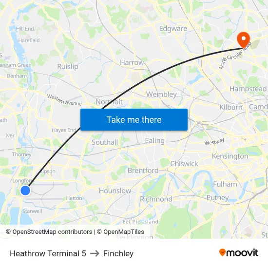 Heathrow Terminal 5 to Finchley map