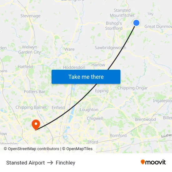 Stansted Airport to Finchley map