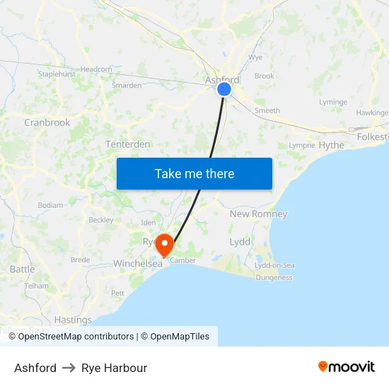 Ashford to Rye Harbour map