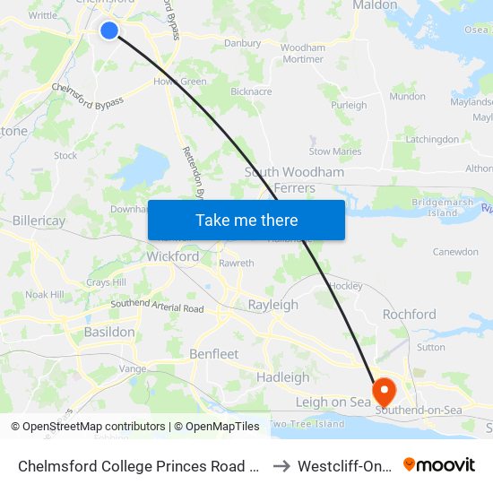 Chelmsford College Princes Road Campus to Westcliff-On-Sea map