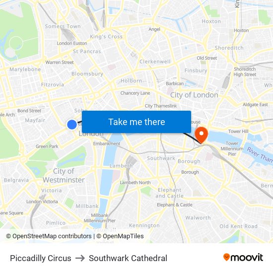 Piccadilly Circus to Southwark Cathedral map