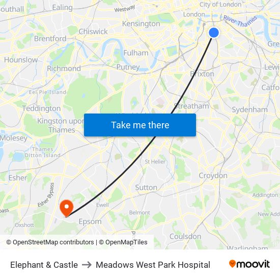 Elephant & Castle to Meadows West Park Hospital map