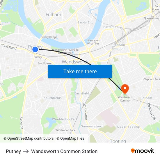 Putney to Wandsworth Common Station map