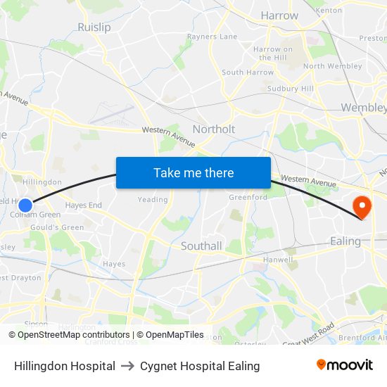 Hillingdon Hospital to Cygnet Hospital Ealing map