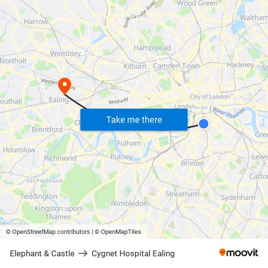 Elephant & Castle to Cygnet Hospital Ealing map