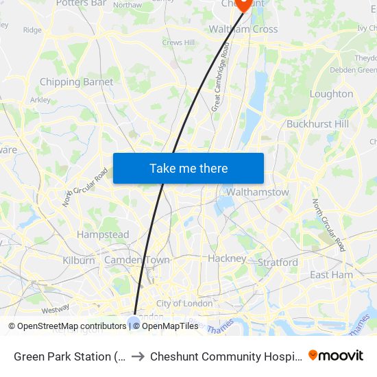 Green Park Station (H) to Cheshunt Community Hospital map