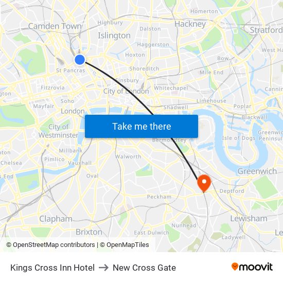 Kings Cross Inn Hotel to New Cross Gate map