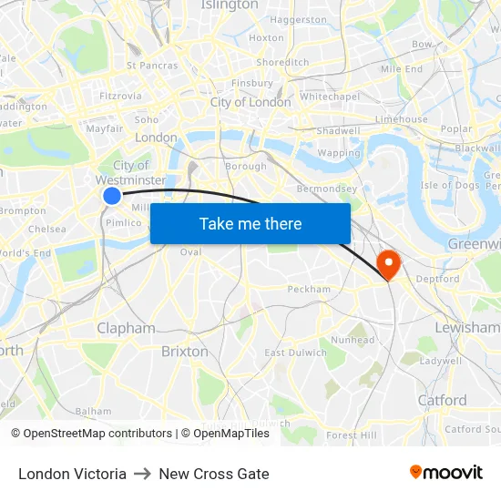 London Victoria to New Cross Gate map